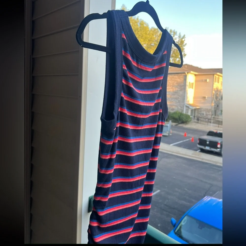 🆕 Michael Stars Navy Red Striped Tank Midi Dress Ruched Side Bodycon Size S - Picture 6 of 12